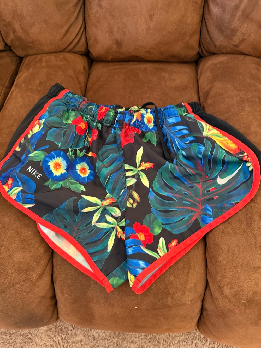 Nike Women’s Tropical Floral Athletic Shorts - Black with Red Trim